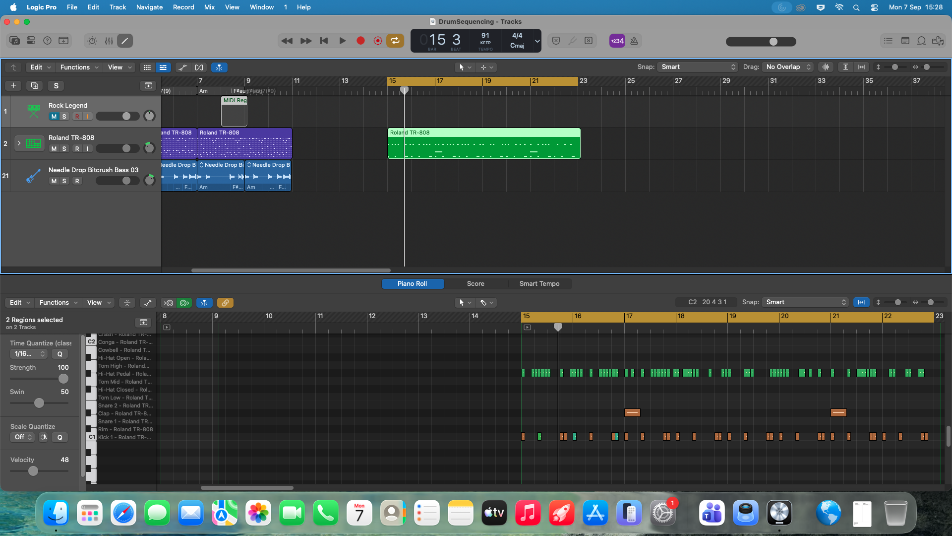 Logic Pro project DrumSequencing: tracks area with a Roland TR-808 pattern above the Piano Roll editor