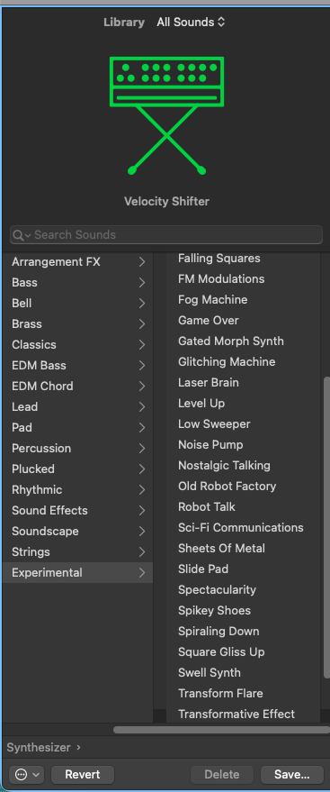 Logic Pro Library panel browsing synth patches in the Experimental category