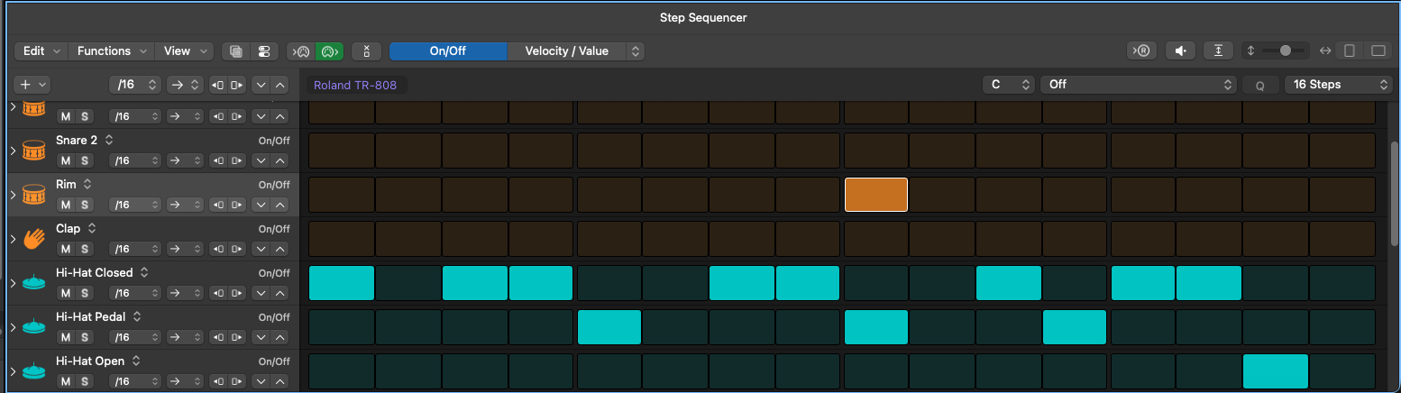 Logic Pro Step Sequencer showing Rim and three hi-hat rows