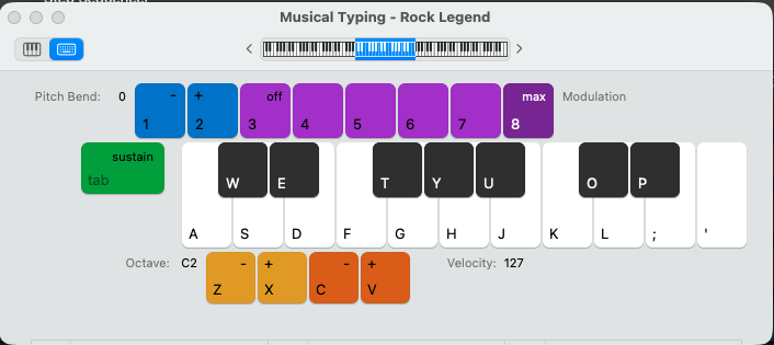 Logic Pro Musical Typing window mapping the computer keyboard to piano keys