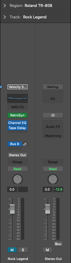 Channel strips for the Rock Legend track and Stereo Out