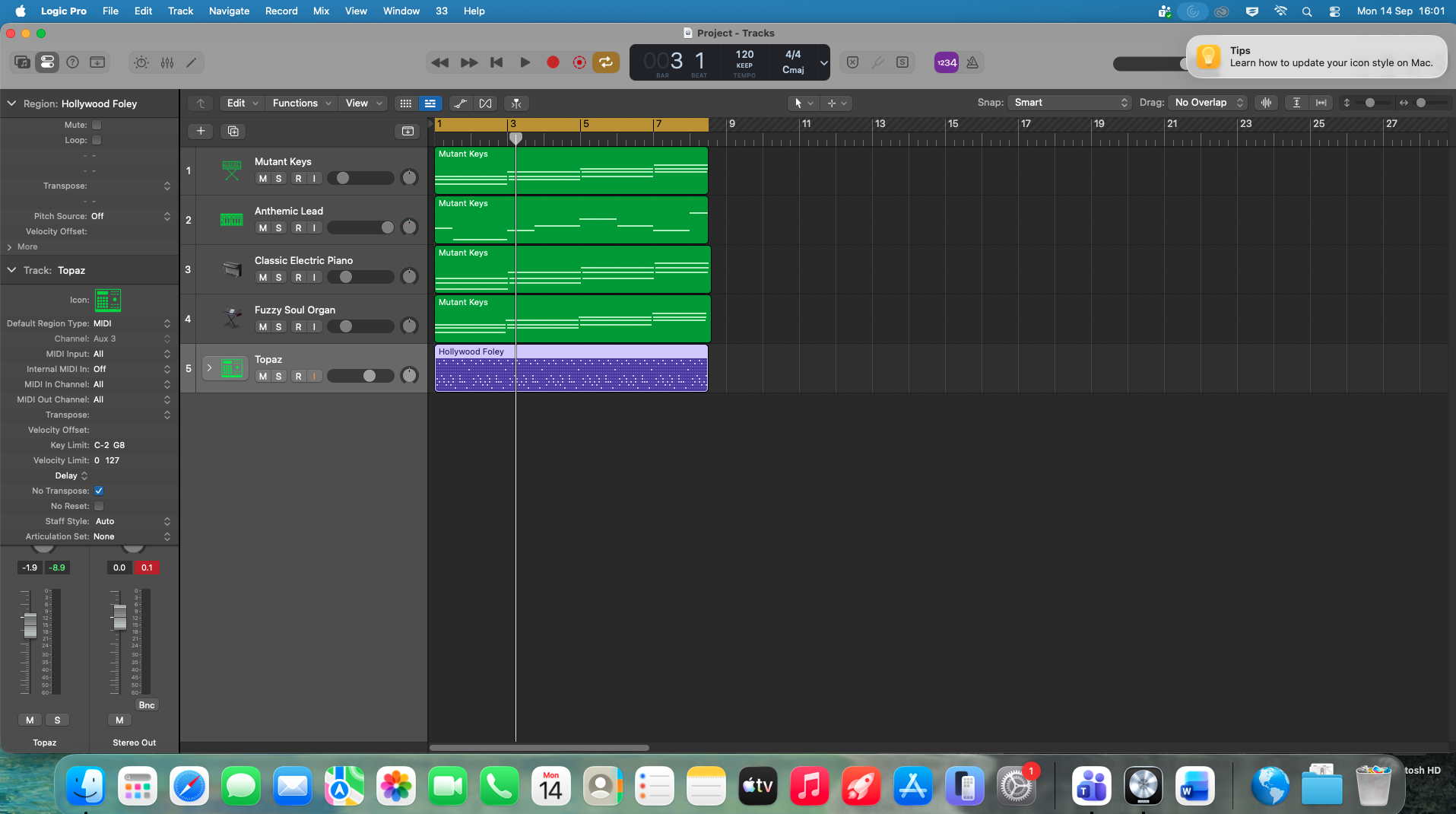 Logic Pro project with four synth tracks playing the same Mutant Keys part plus a drum track