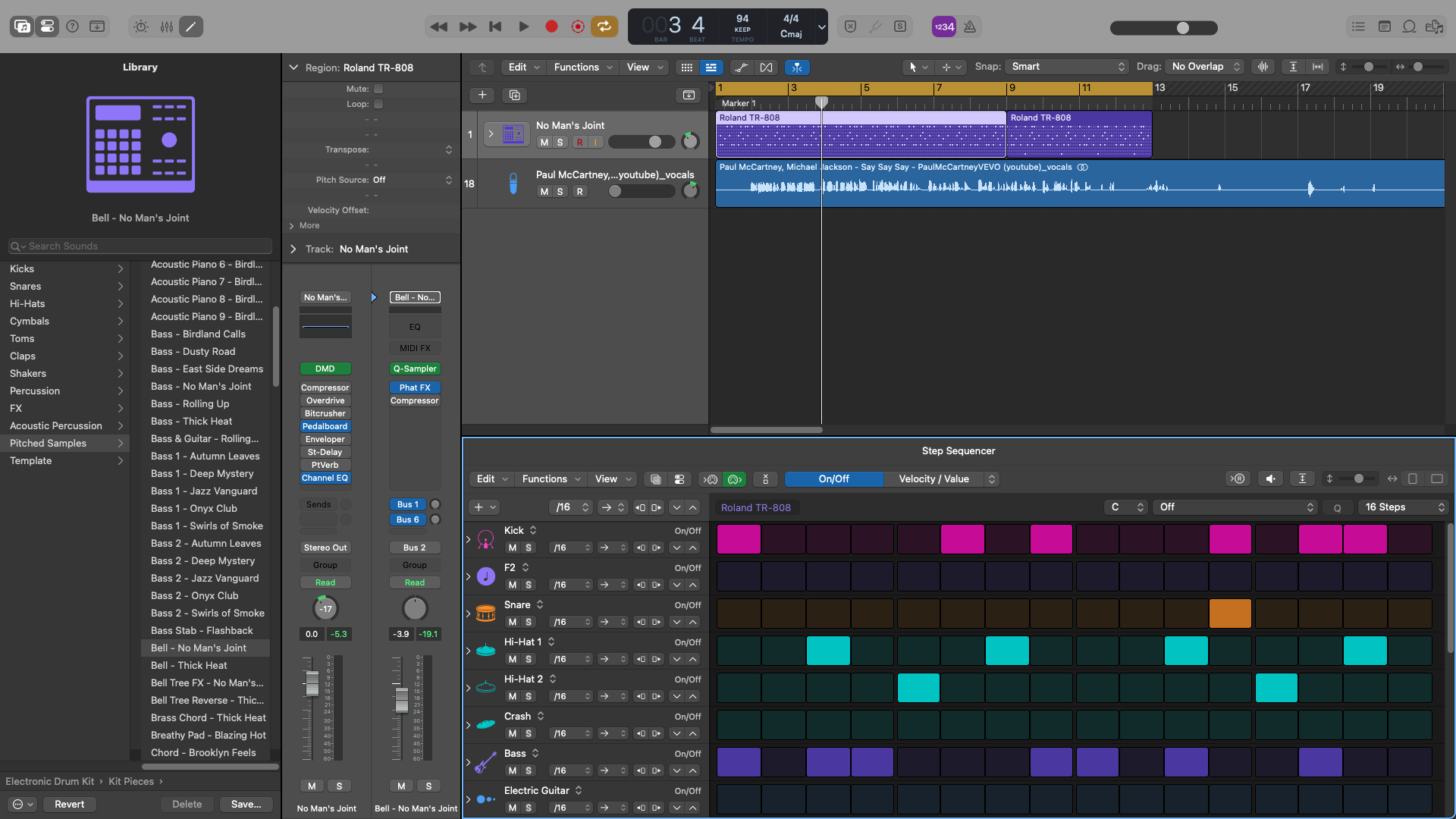 Drum Machine Designer kit with an effects chain, a vocal audio track and the Step Sequencer