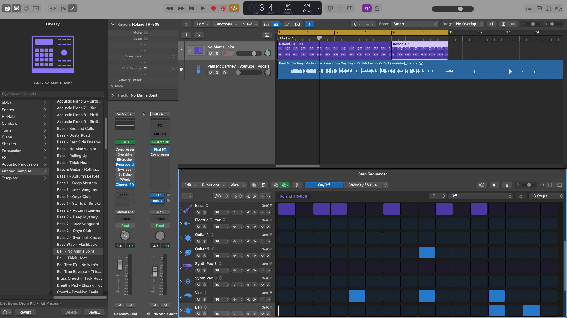 Step Sequencer scrolled to pitched rows: Bass, Guitar, Synth Pads, Vox and Bell