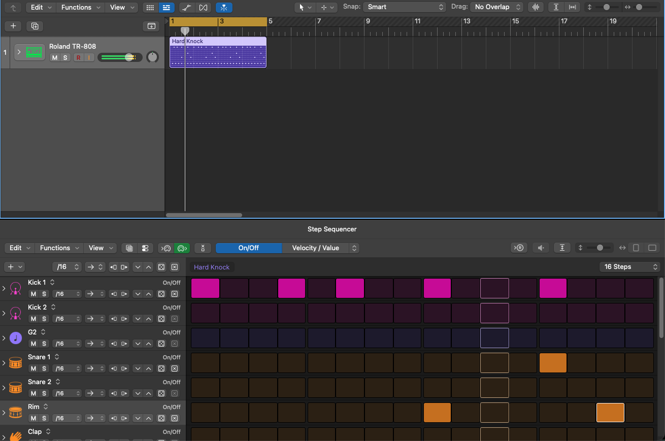 Roland TR-808 Hard Knock pattern in the Step Sequencer