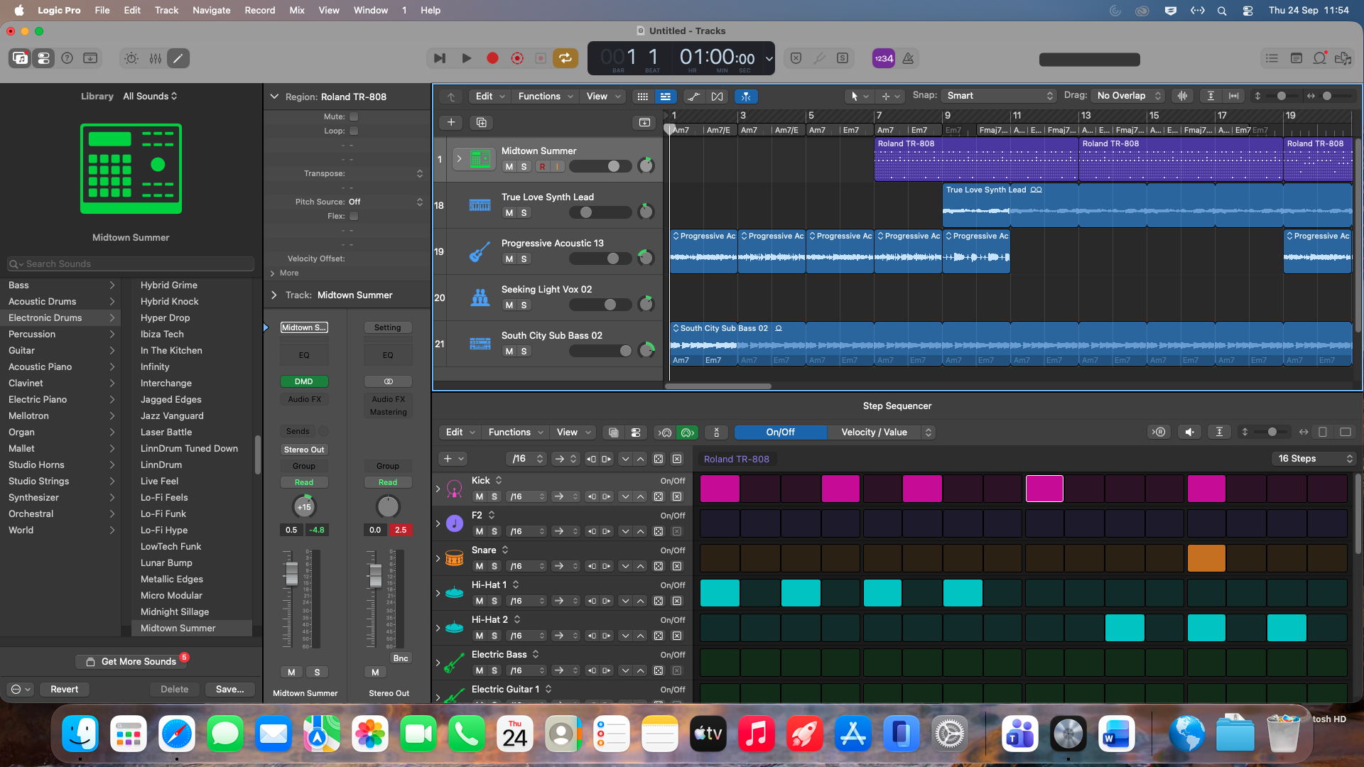 Logic Pro arrangement with Midtown Summer drums, synth lead, acoustic guitar and sub bass