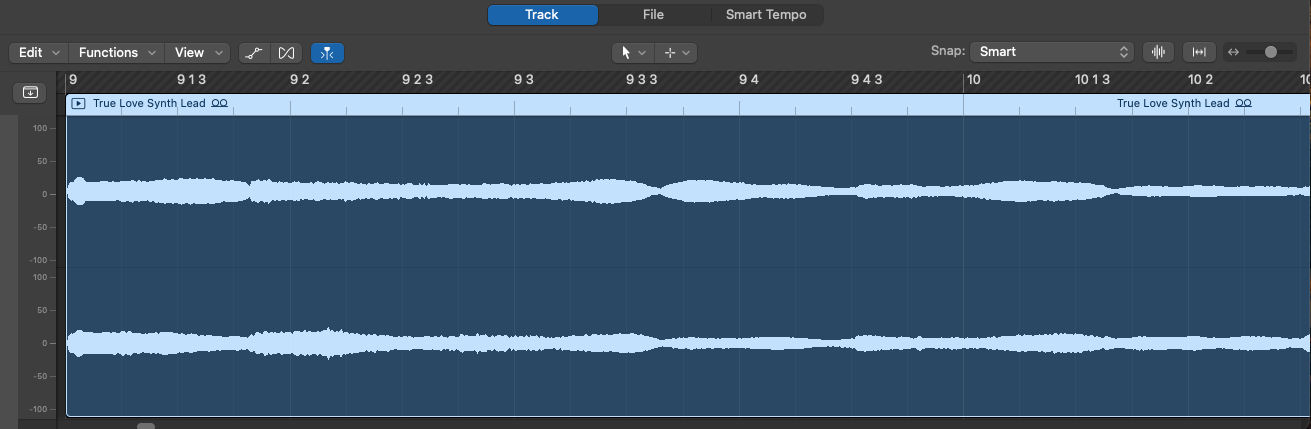 Audio editor showing the stereo waveform of the True Love Synth Lead